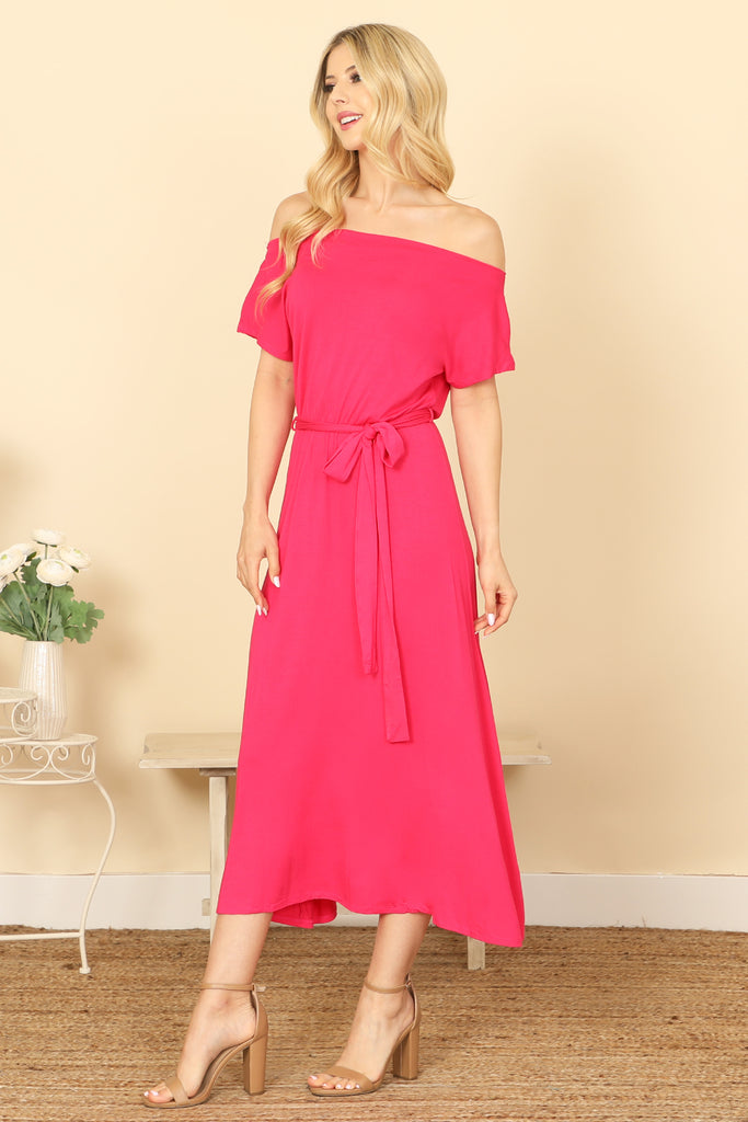 OFF SHOULDER SHORT SLEEVE WAIST TIE SOLID MIDI DRESS