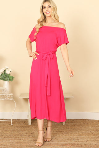 V-NECK SHORT SLEEVE PLEATED DETAIL SOLID MAXI DRESS