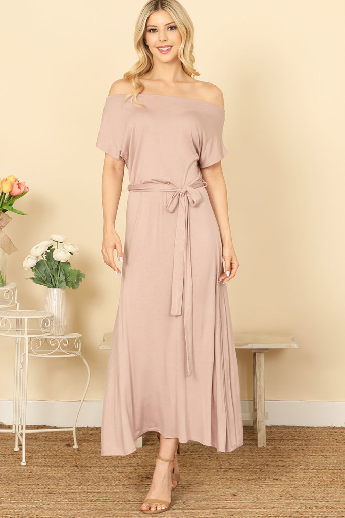 OFF SHOULDER SHORT SLEEVE WAIST TIE SOLID MIDI DRESS