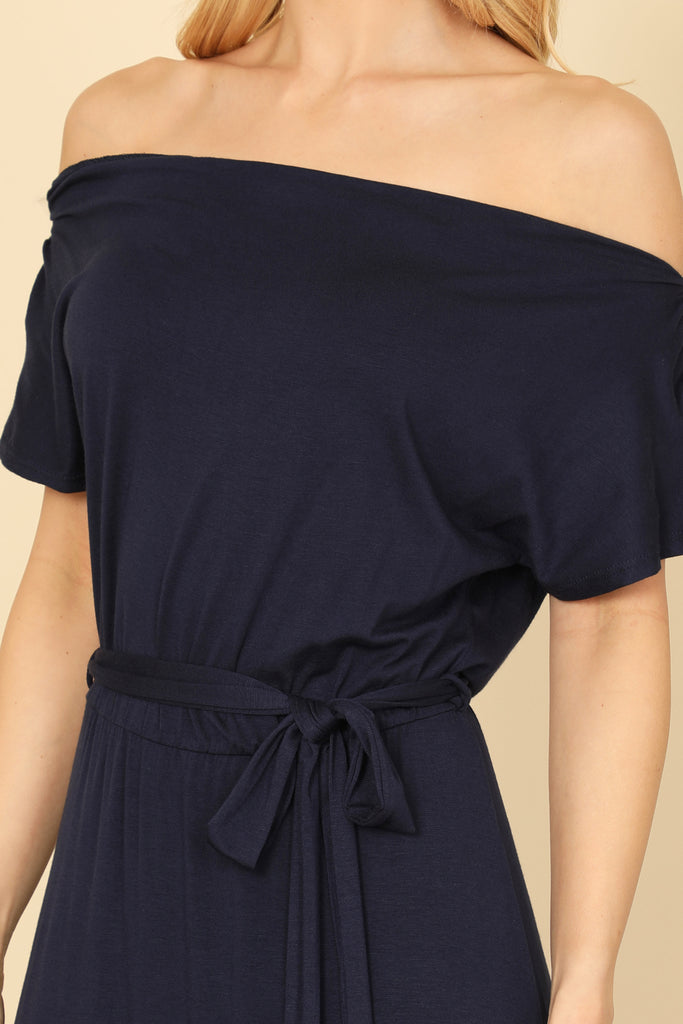 OFF SHOULDER SHORT SLEEVE WAIST TIE SOLID MIDI DRESS