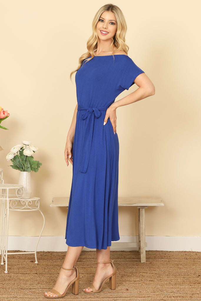 OFF SHOULDER SHORT SLEEVE WAIST TIE SOLID MIDI DRESS