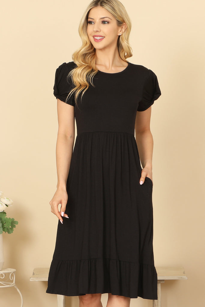 SHORT TWIST PUFF SLEEVE SIDE POCKET PLEATED DETAIL DRESS