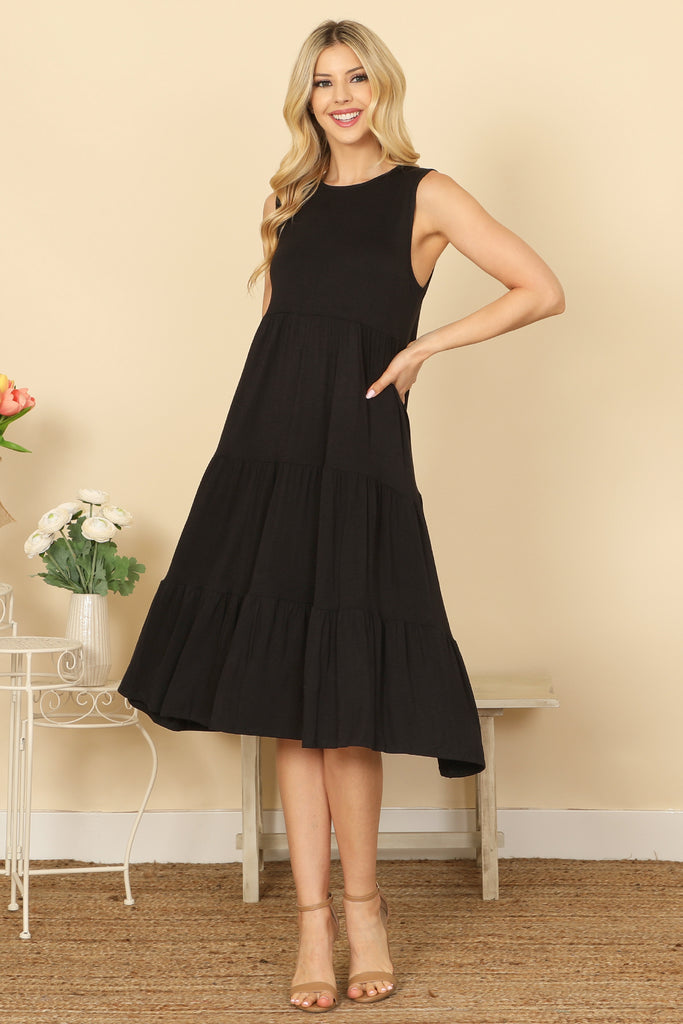 ROUND NECK SLEEVELESS TIERED SOLID DRESS