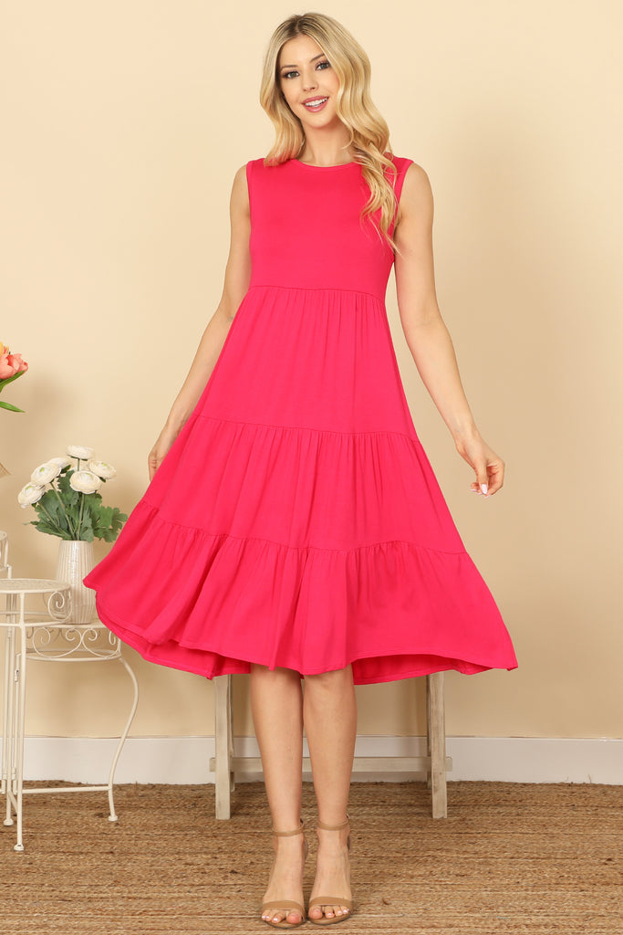 ROUND NECK SLEEVELESS TIERED SOLID DRESS