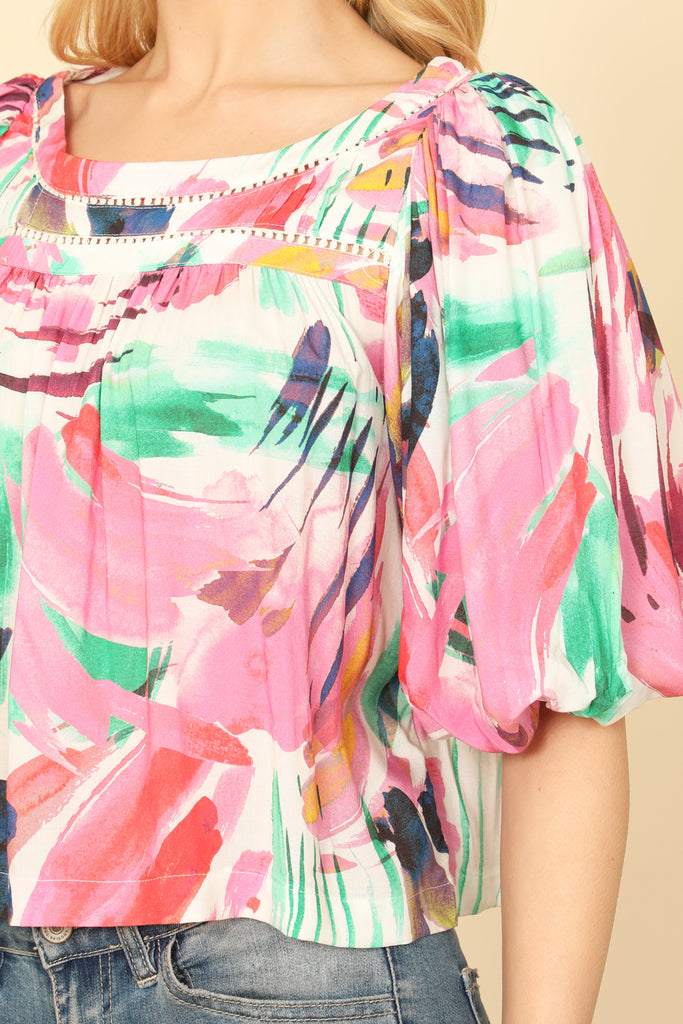 MULTI PRINT HALF PUFF SLEEVE PRINTED HANGING BLOUSE TOP