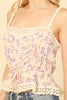 WIDE STRAP LACE DETAIL PLEATED FRONT WAIST TIE PRINTED TOP