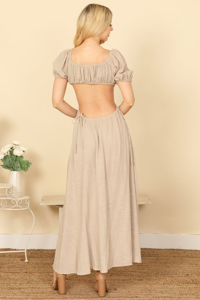 SIDE CUT-OUT DETAIL PUFF SLEEVE SOLID MAXI DRESS