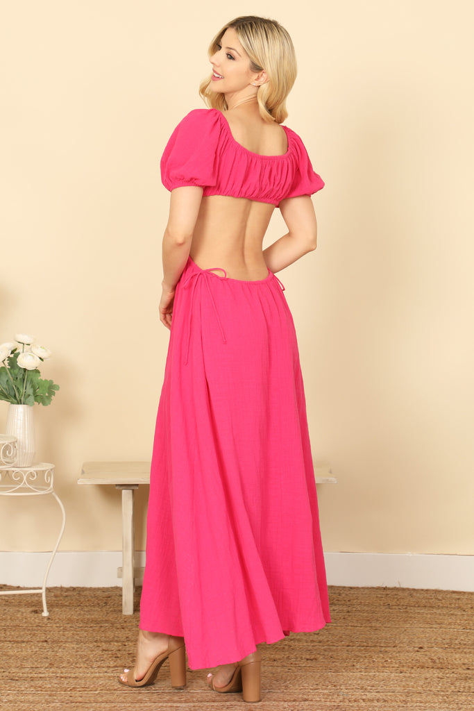 SIDE CUT-OUT DETAIL PUFF SLEEVE SOLID MAXI DRESS