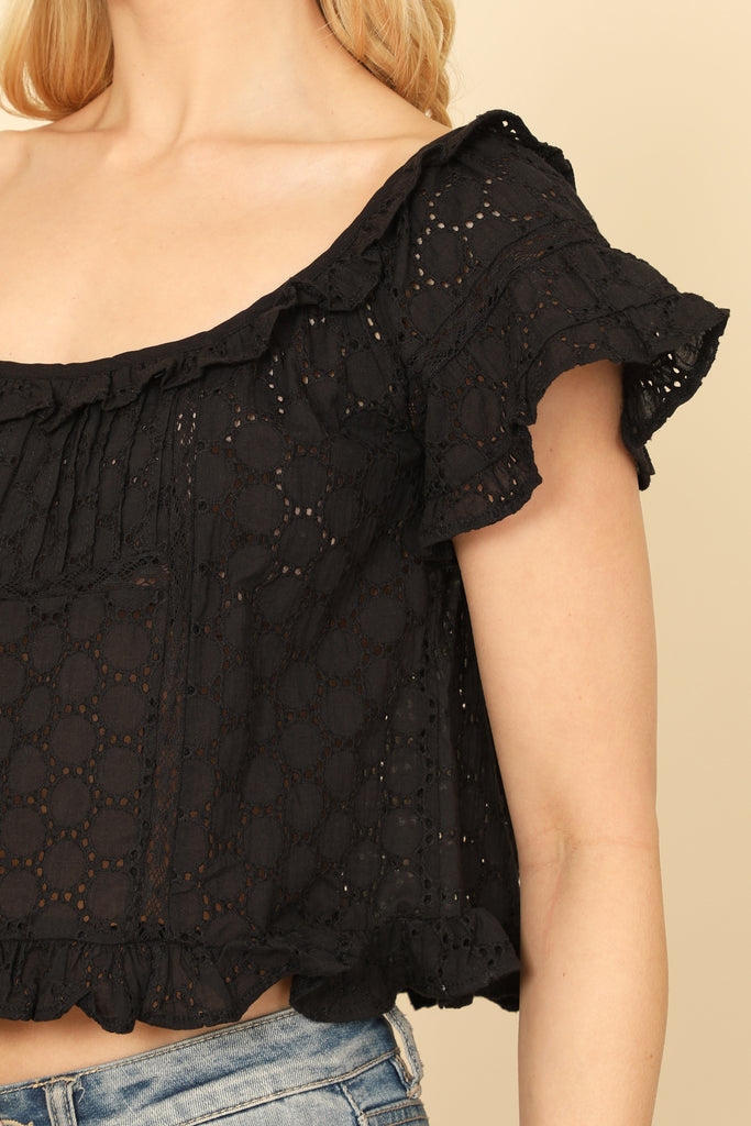 SHORT RUFFLE SLEEVE EYELET DETAIL CROP TOP