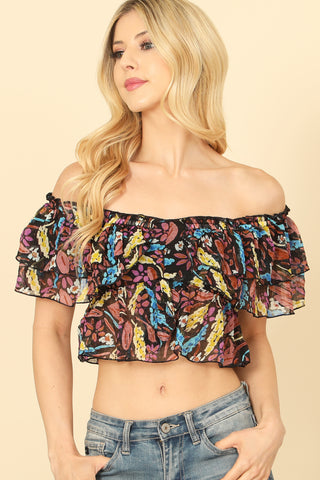 FLOUNCE SLEEVE TIERED RUFFLE SOLID TOP