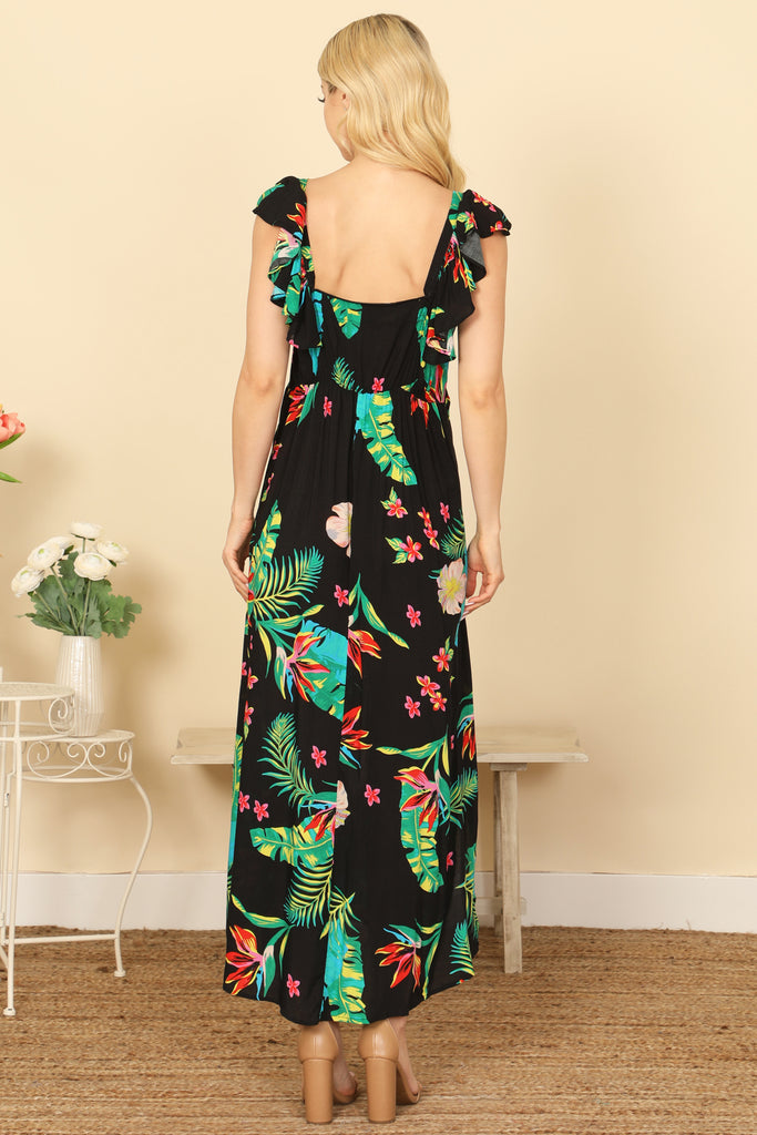 V-NECK RUFFLE SLEEVELESS SIDE SLIT TROPICAL PRINT MAXI DRESS