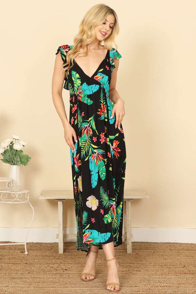 V-NECK RUFFLE SLEEVELESS SIDE SLIT TROPICAL PRINT MAXI DRESS