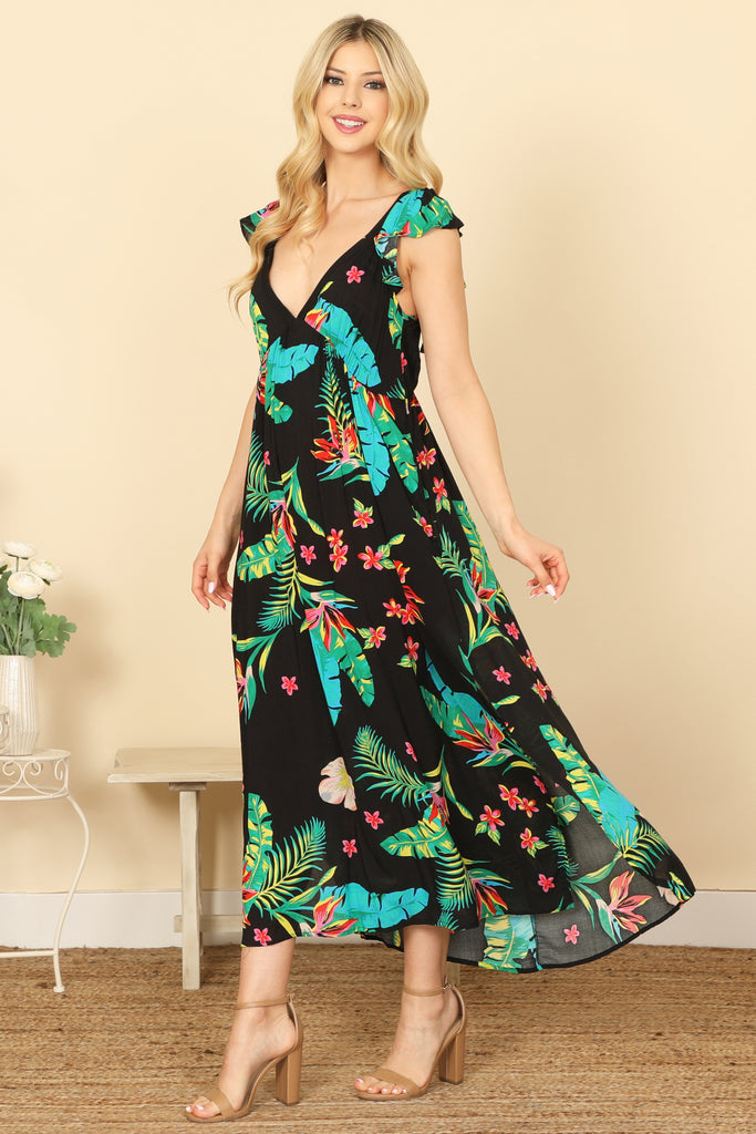 V-NECK RUFFLE SLEEVELESS SIDE SLIT TROPICAL PRINT MAXI DRESS