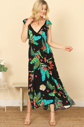 Sleeveless Twist Front Cut-Out Tropical Mini Dress