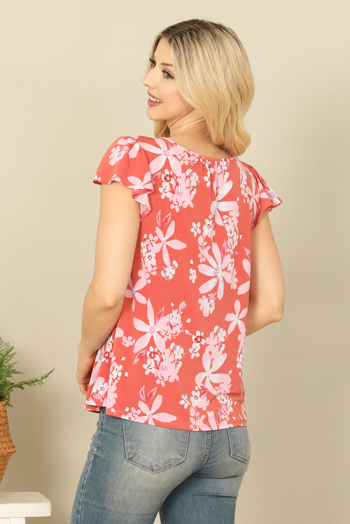 FLORAL SCOOP NECK RUFFLE SHORT SLEEVE TOP