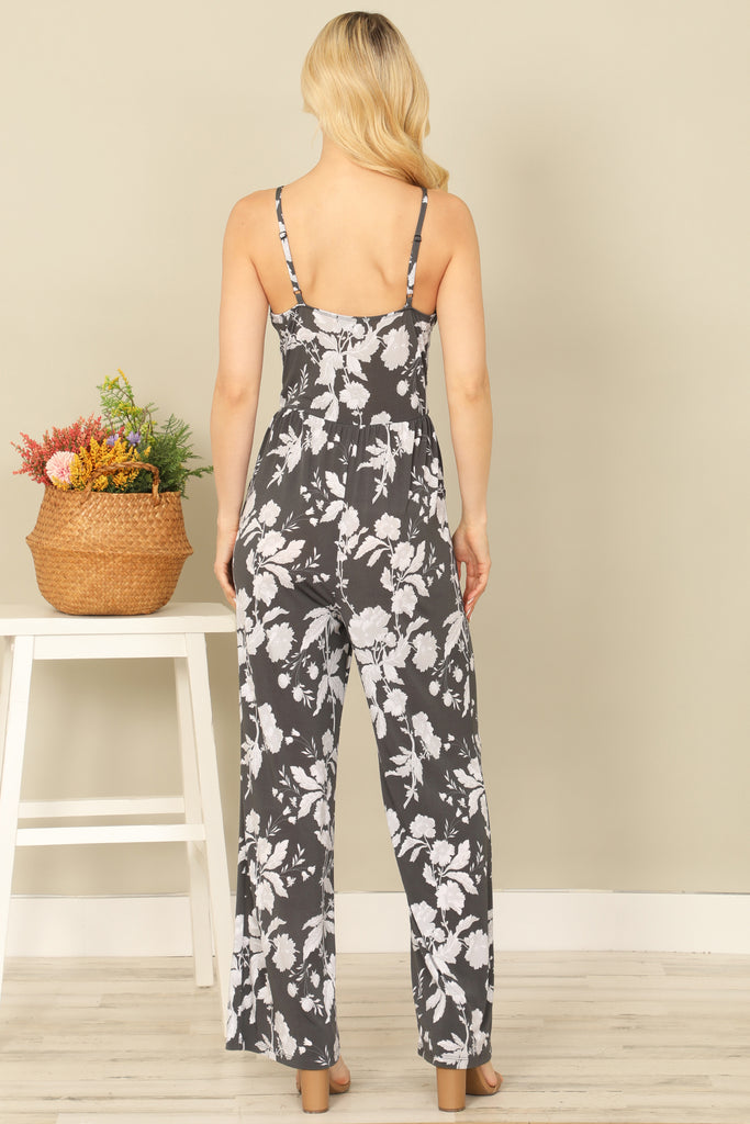 SPAGHETTI STRAP SIDE POCKET FLORAL JUMPSUIT