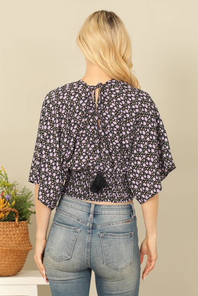 V-NECK DOLMAN SLEEVE SMOCKED WAIST FLORAL CROP TOP