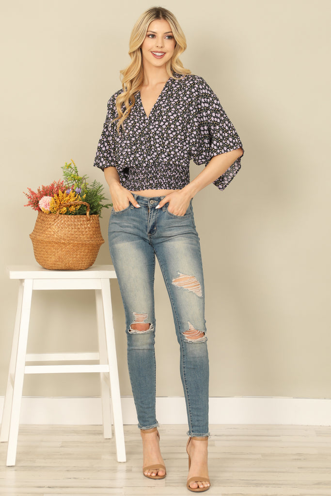 V-NECK DOLMAN SLEEVE SMOCKED WAIST FLORAL CROP TOP