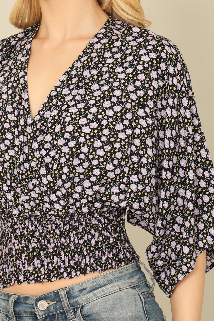 V-NECK DOLMAN SLEEVE SMOCKED WAIST FLORAL CROP TOP