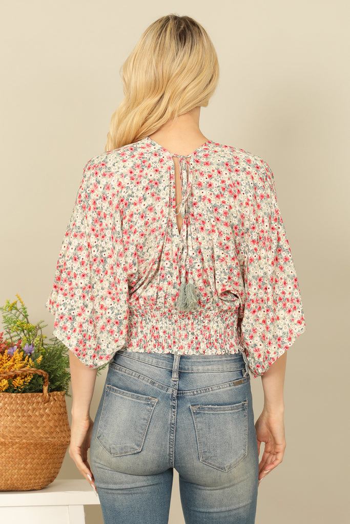 V-NECK DOLMAN SLEEVE SMOCKED WAIST FLORAL CROP TOP