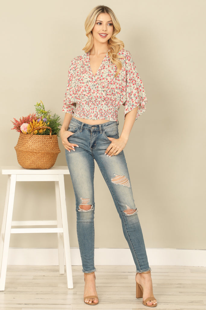 V-NECK DOLMAN SLEEVE SMOCKED WAIST FLORAL CROP TOP