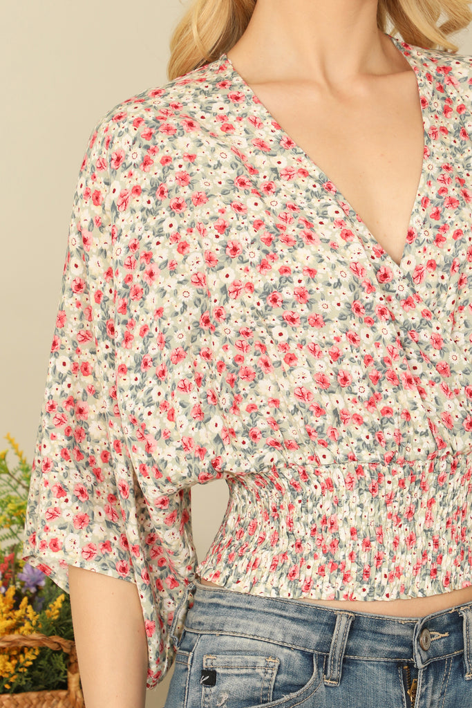 V-NECK DOLMAN SLEEVE SMOCKED WAIST FLORAL CROP TOP