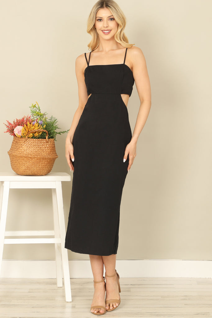 SPAGHETTI STRAP SIDE CUT-OUT DETAIL BACK SLIT SOLID MIDI DRESS Riah Fashion SPAGHETTI STRAP SIDE CUT-OUT DETAIL BACK SLIT SOLID MIDI DRESS Riah Fashion
