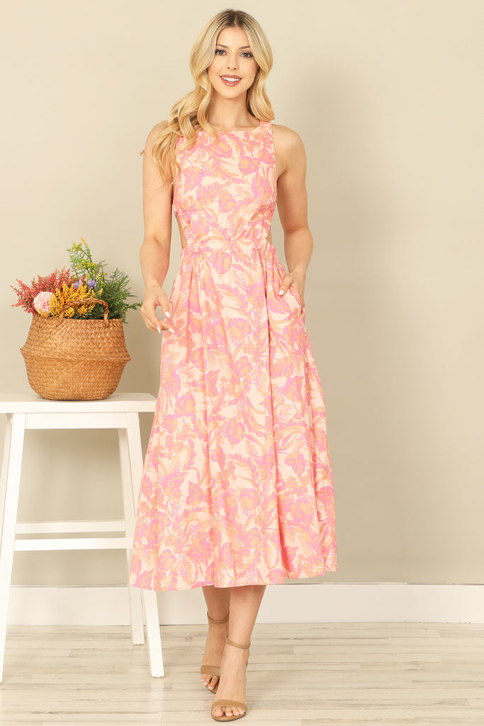 SABRINA NECK SIDE CUT-OUT PRINTED MIDI DRESS