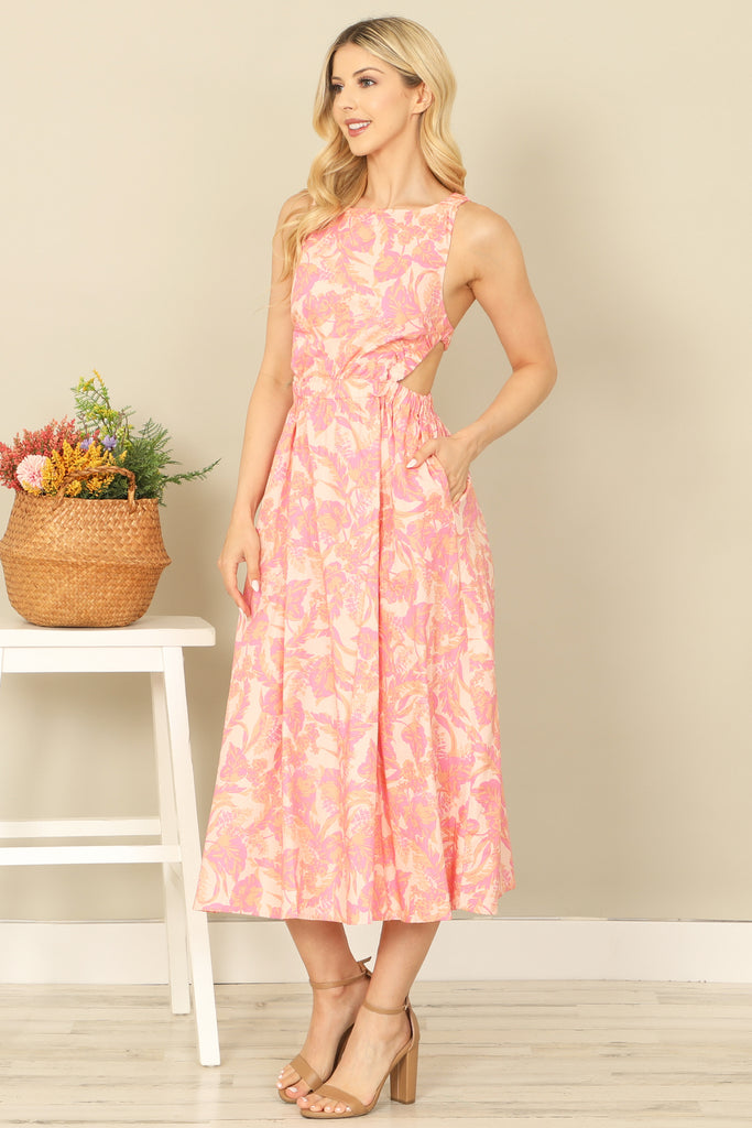 SABRINA NECK SIDE CUT-OUT PRINTED MIDI DRESS