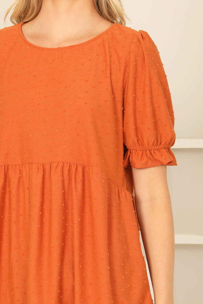 RUFFLE CUFF PUFF SHORT SLEEVE SWISS DOT PLEATED WAIST TOP