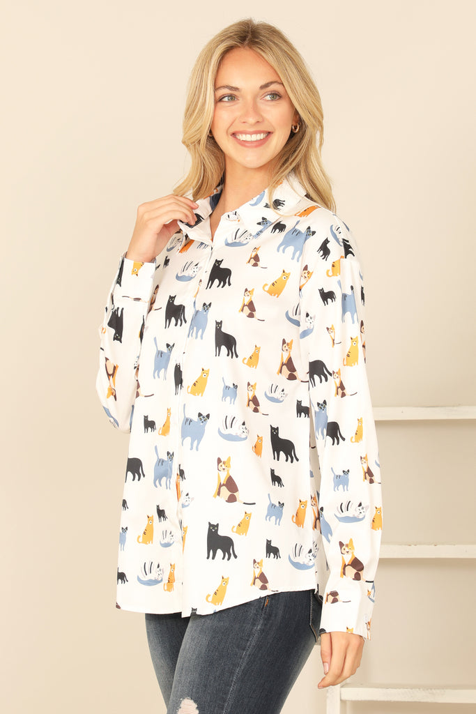 COLLARED LONG SLEEVE CAT PRINT TOP – Riah Fashion