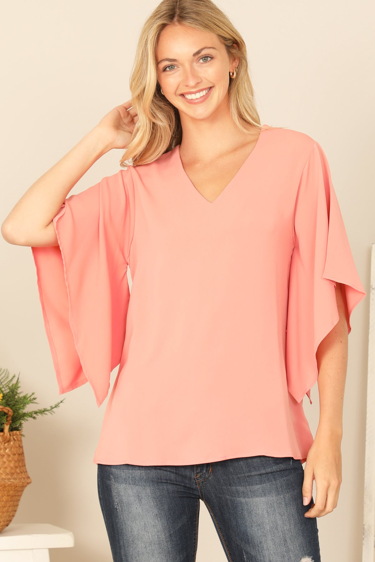 V-NECK BUTTERFLY SLEEVE SOLID TOP – Riah Fashion