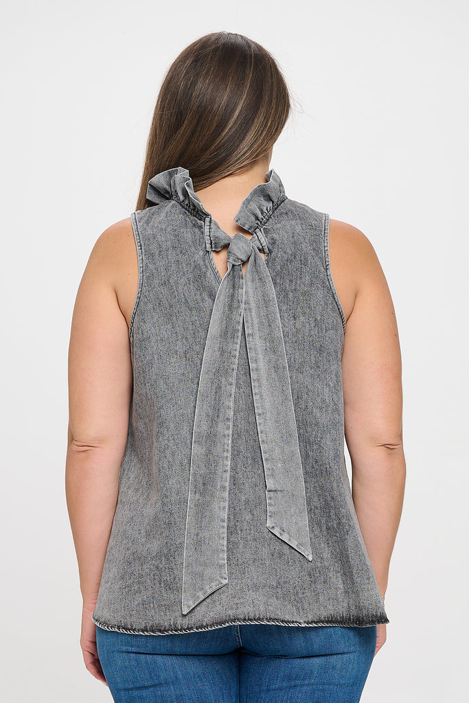 PLUS SIZE SLEEVELESS RUFFLE NECK DENIM TOP