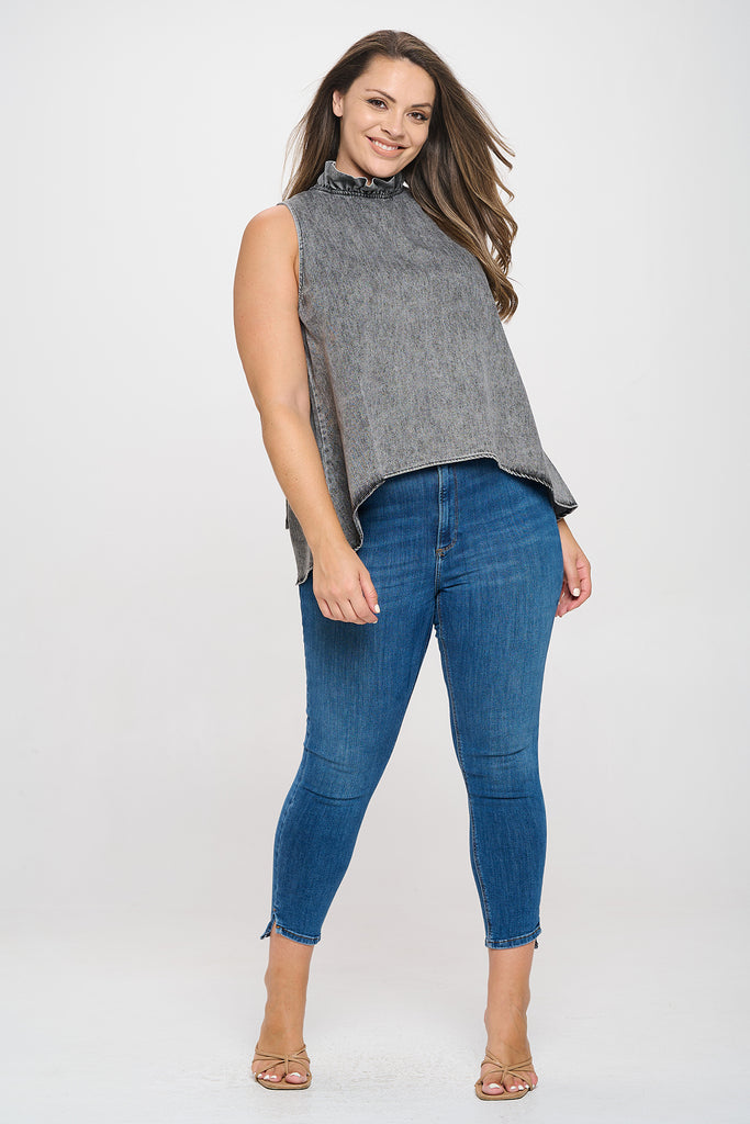 PLUS SIZE SLEEVELESS RUFFLE NECK DENIM TOP