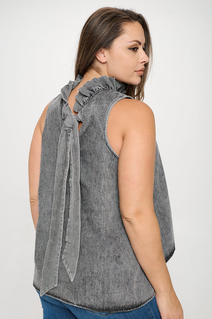 PLUS SIZE SLEEVELESS RUFFLE NECK DENIM TOP