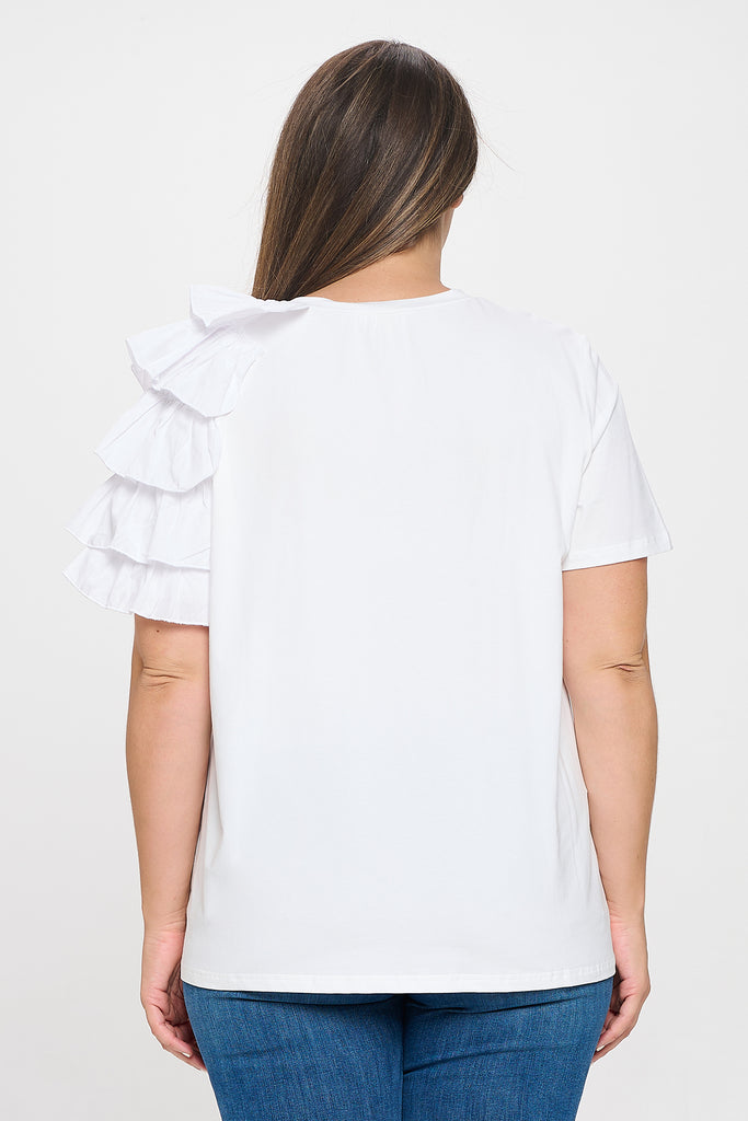 PLUS SIZE ONE SLEEVE LAYERED RUFFLE SOLID TOP