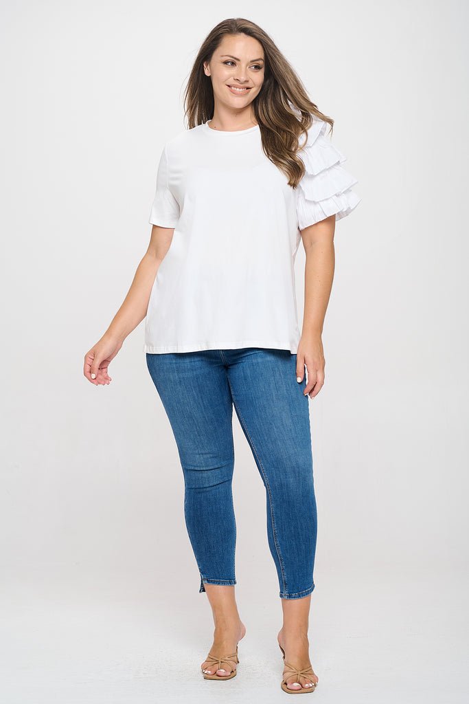 PLUS SIZE ONE SLEEVE LAYERED RUFFLE SOLID TOP