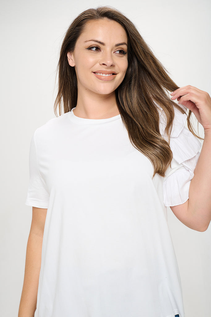 PLUS SIZE ONE SLEEVE LAYERED RUFFLE SOLID TOP
