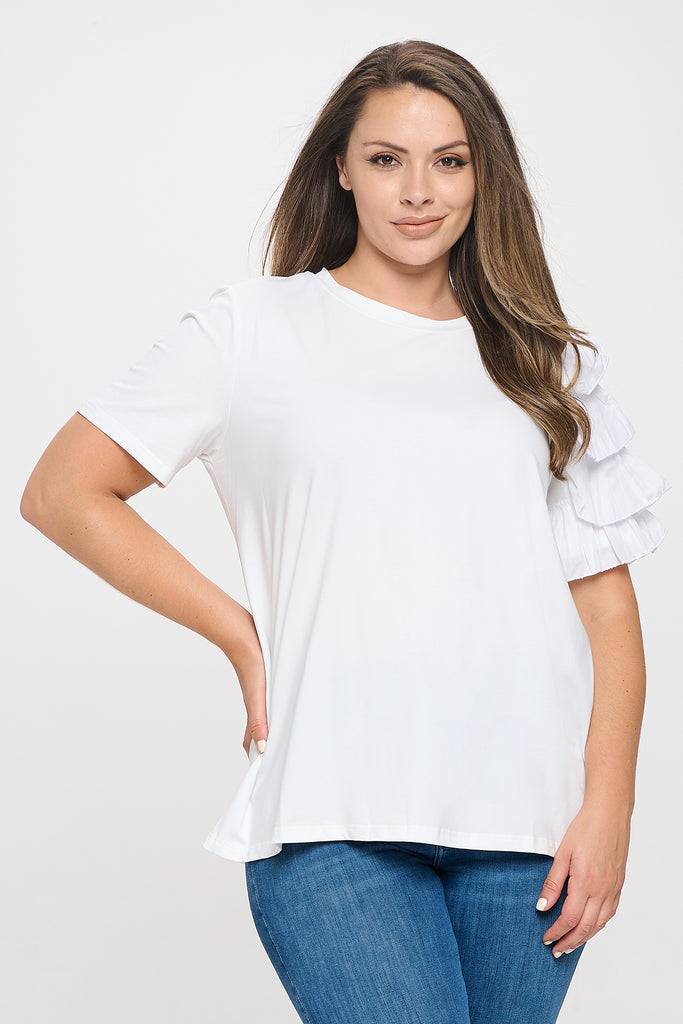 PLUS SIZE ONE SLEEVE LAYERED RUFFLE SOLID TOP