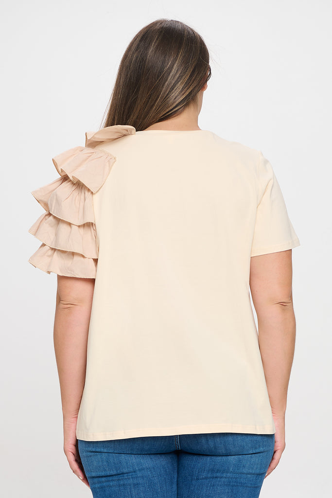PLUS SIZE ONE SLEEVE LAYERED RUFFLE SOLID TOP