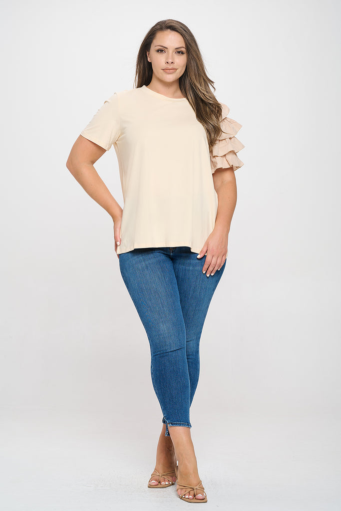 PLUS SIZE ONE SLEEVE LAYERED RUFFLE SOLID TOP