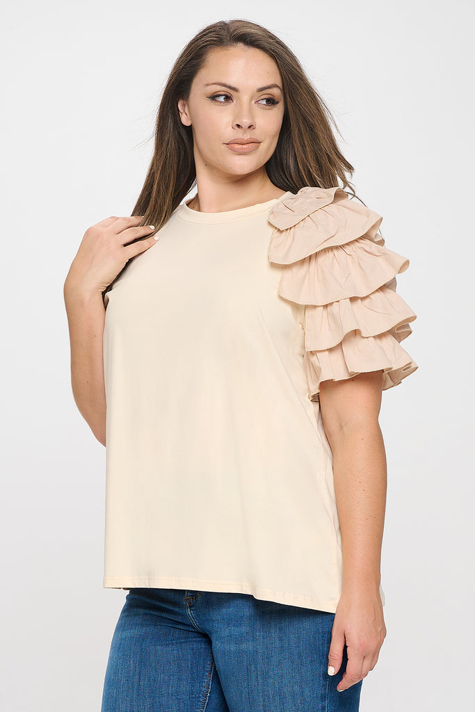 PLUS SIZE ONE SLEEVE LAYERED RUFFLE SOLID TOP