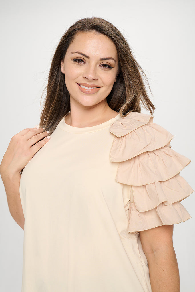 PLUS SIZE ONE SLEEVE LAYERED RUFFLE SOLID TOP