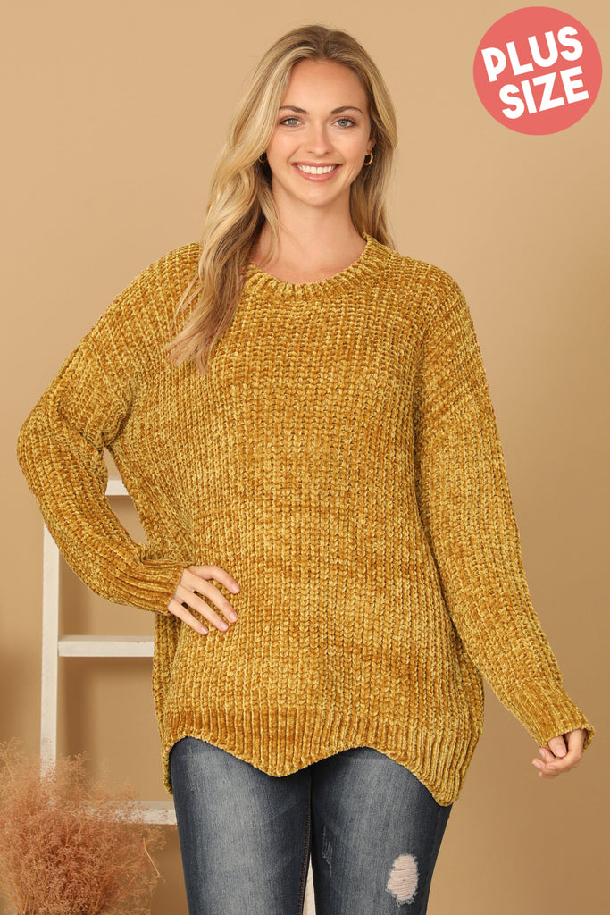 PLUS SIZE CHUNKY CHENILLE KNIT SCALLOPED HEM SWEATER