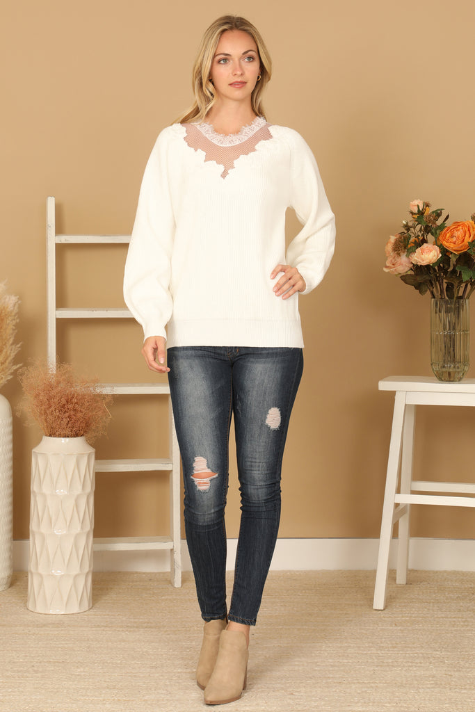 LACE NECK DETAIL RIB SWEATER