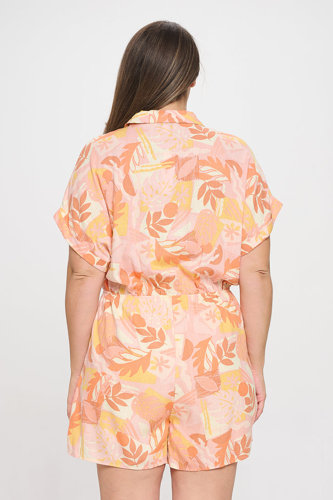 PLUS SIZE COLLARED SHORT SLEEVE WAIST TIE FLORAL ROMPER