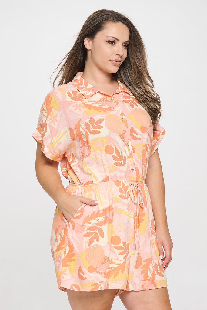 PLUS SIZE COLLARED SHORT SLEEVE WAIST TIE FLORAL ROMPER