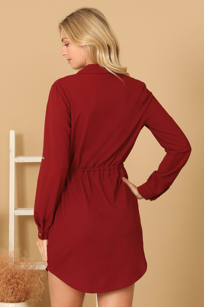 SOLID LONG SLEEVE ELASTIC WAIST WRAP MINI DRESS