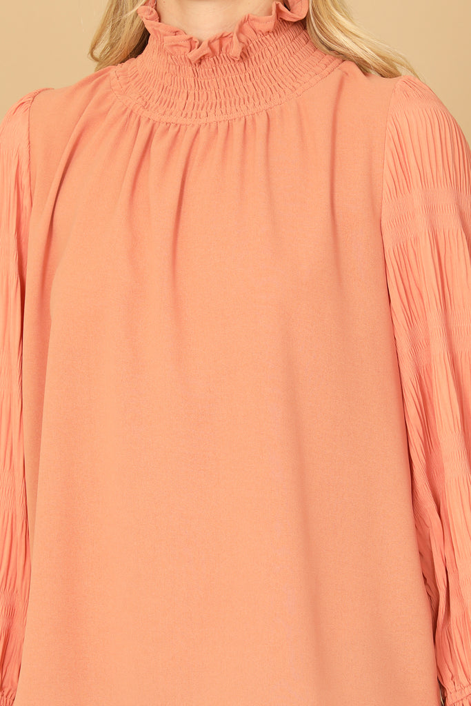RUFFLE TURTLE NECK LONG BELL SLEEVE SOLID TOP