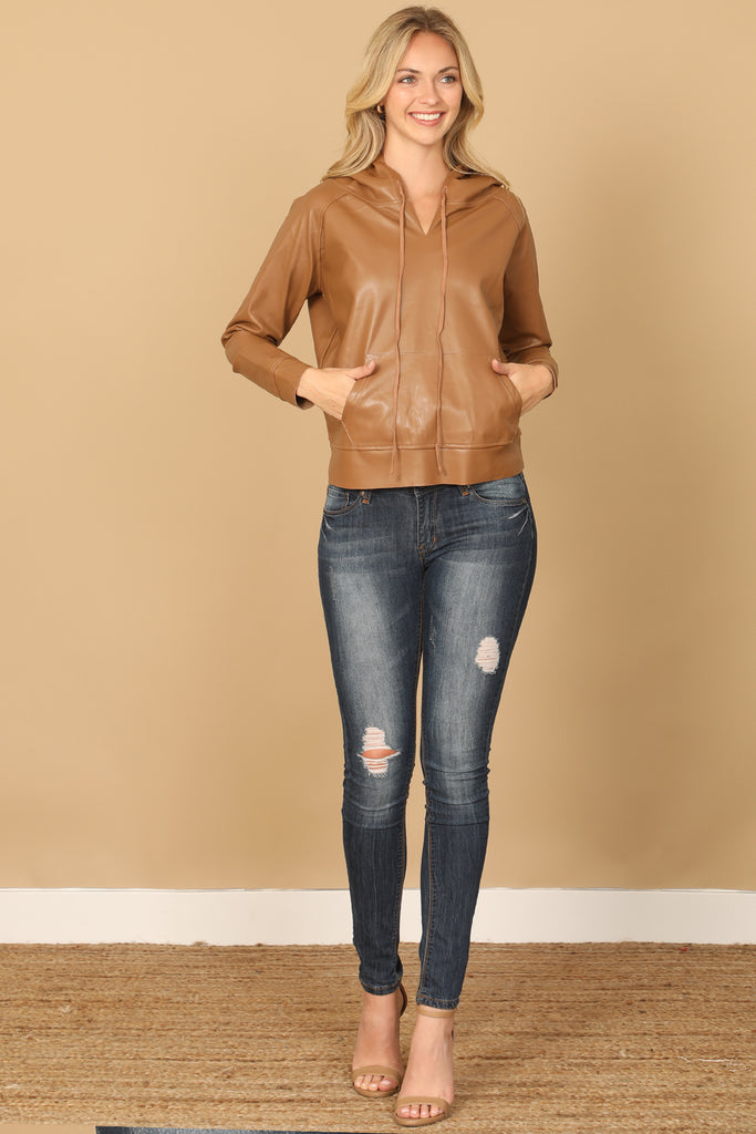 LEATHER DRAWSTRING HOODIE TOP